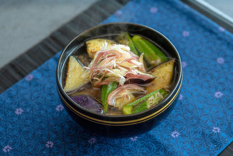 焼きナスとオクラのみょうが味噌汁🍆