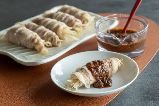 しゃきしゃきもやしの豚巻き&濃厚ごま味噌ダレの完成写真